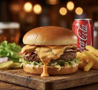 Combo 12: Beef Burger Meal: Delicious Burger served with chips and choice of can drink.