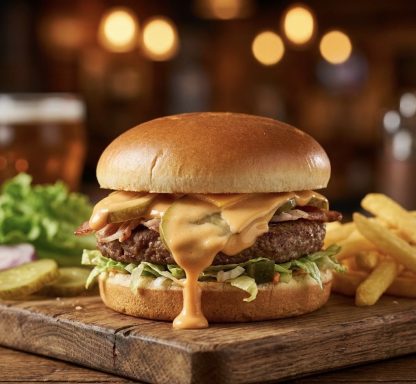 Jerk chicken burger: Juicy beef or chicken patties served on a toasted bun with fresh toppings and condiments for a satisfying bite