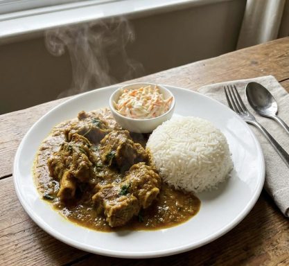Curried Mutton: Tender mutton pieces cooked in a rich curry sauce with aromatic spices, creating a hearty and flavourful dish.